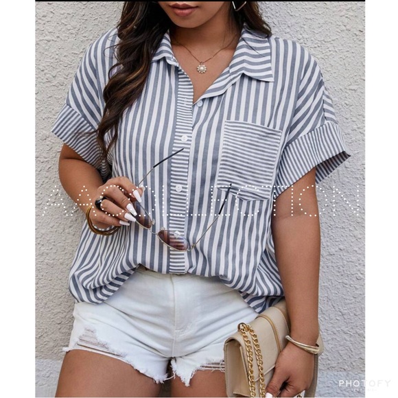 Classic Elegant Plus Size Stripe Short Sleeve Button Down Shirt Blouse Top - Picture 5 of 8